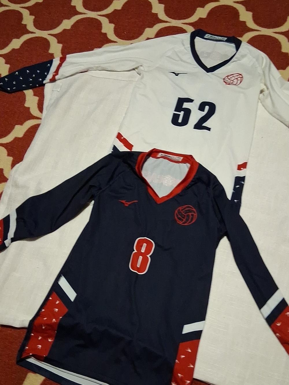 Mizuno Kids Long-Sleeve Volleyball Jerseys in Navy, White & Red
